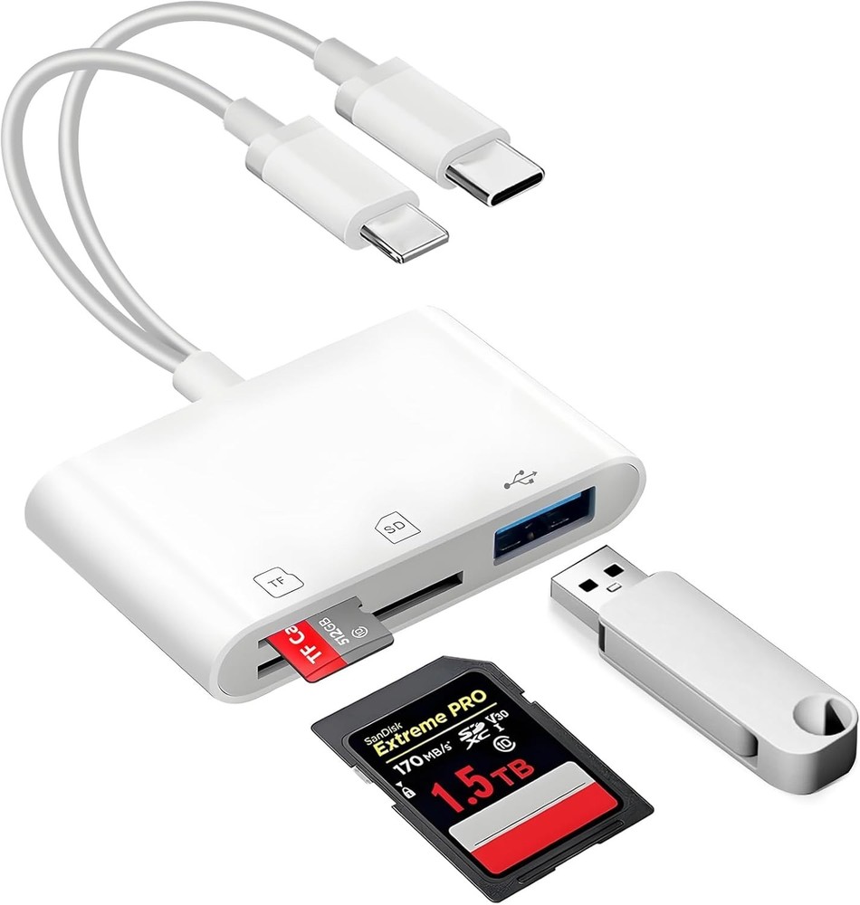 3-in-1 SD Card Reader & USB-C Adapter for iPhone & Digital Cameras - White
