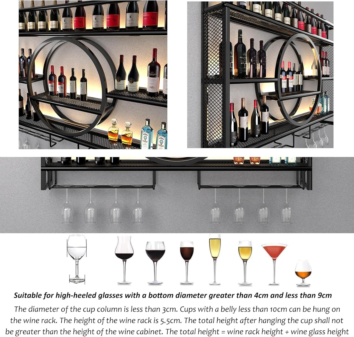 Wall Mounted LED Wine Rack Metal Bar Bottle Display Shelf with Wine Glass Rack