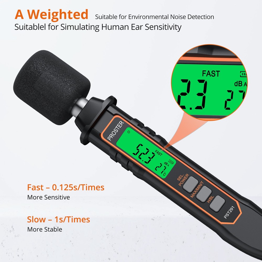 Proster Digital Sound Level Meter 30-130dB Decibel Reader &A-Weighted &Data Hold