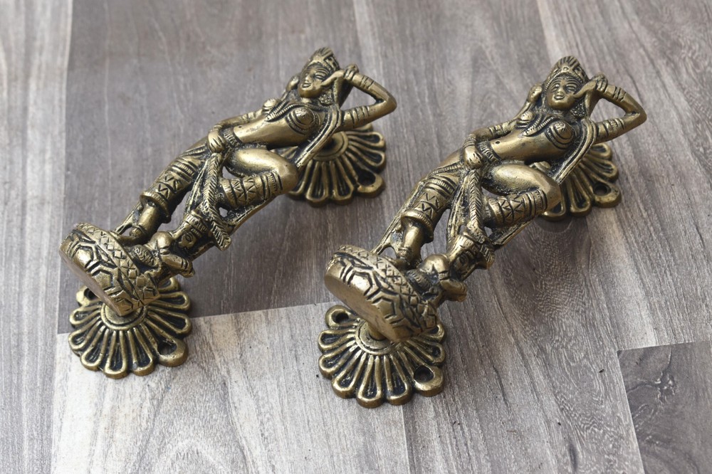 Vintage Victorian Dancing Lady Figure Door Gate Handle Cast Brass Pulls pair