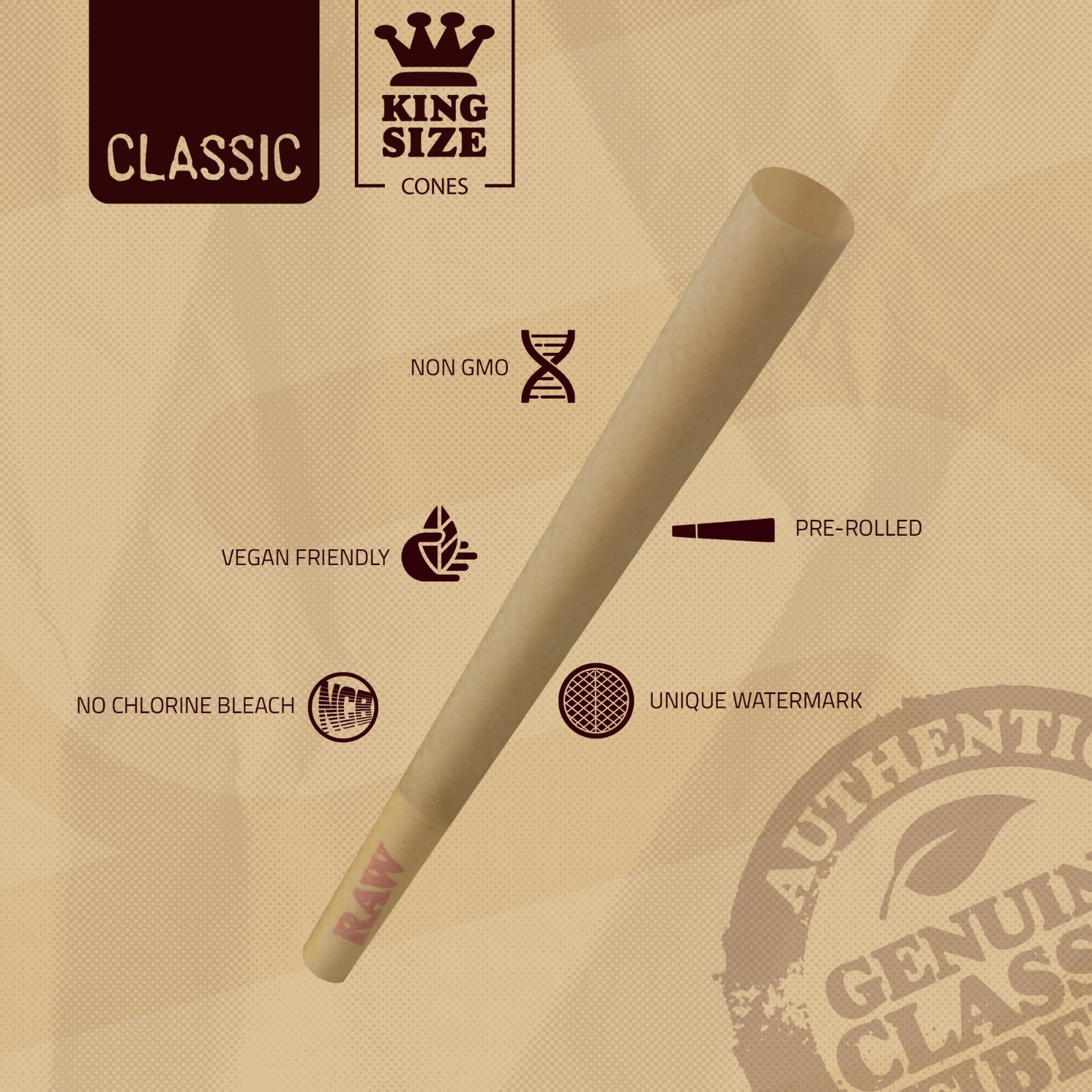 RAW Cones King Size Classic Pre-Rolled | 100 Pack | Slow Burning Rolling Papers