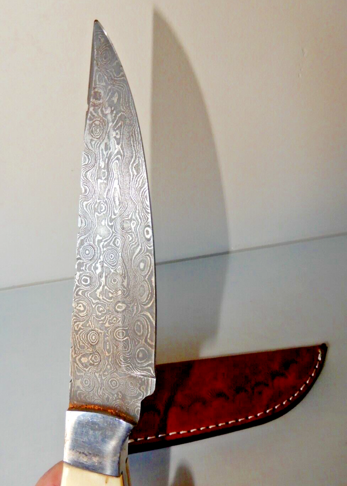 Custom Made 10.75" Knife, 5.5" Damascus blade, Bone handle, Custom Sheath UNUSED