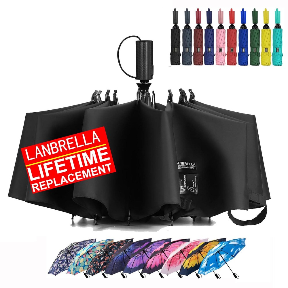 LANBRELLA Compact Reverse Folding Umbrella Auto Windproof 46 INCH, Black