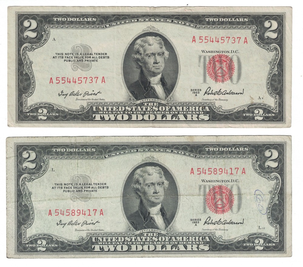 🇺🇸🇺🇸🇺🇸1953 $2 TWO DOLLARS RED SEAL BILL, PRICE FOR EACH NOTE 🇺🇸🇺🇸🇺🇸