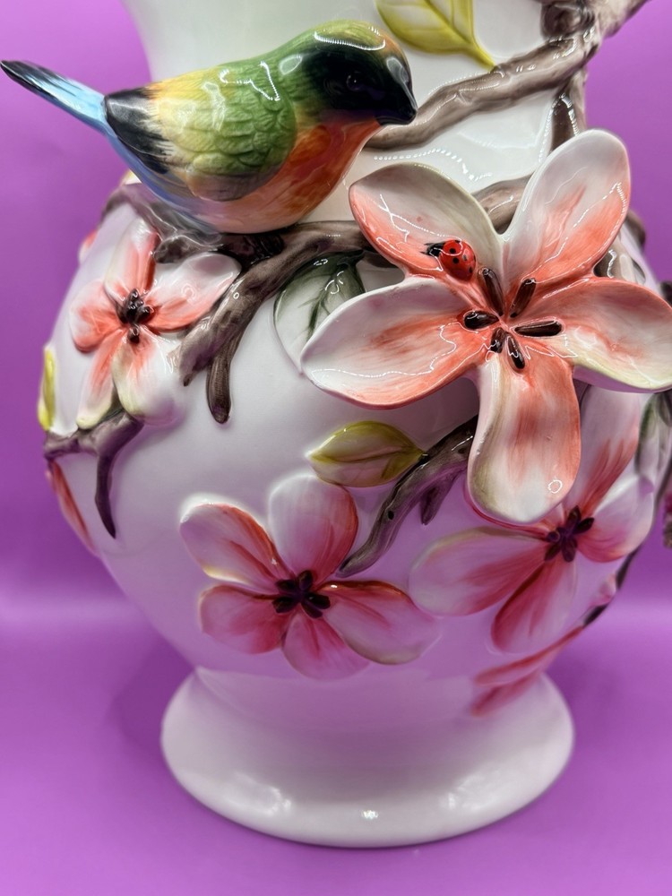 BOTANICAL COLLECTION BY CORNER RUBY STUNNING 3D PITCHER WITH FLOWERS & BIRDS