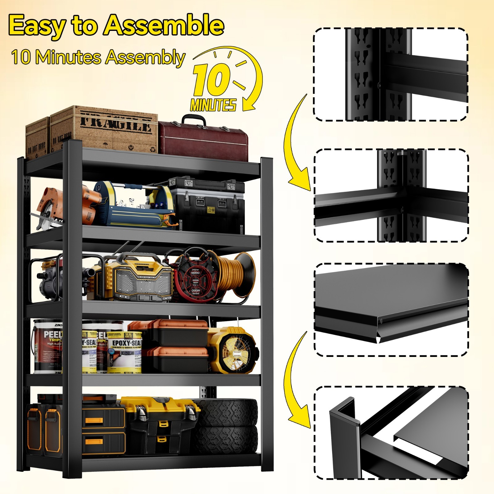 CJF 5-Tier Metal Storage Shelves, Garage Shelving for Garage, Basement, Black