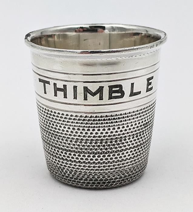 WILLIAM HUTTON SILVER PLATE 'JUST A THIMBLE FULL' SPIRIT MEASURE c1900