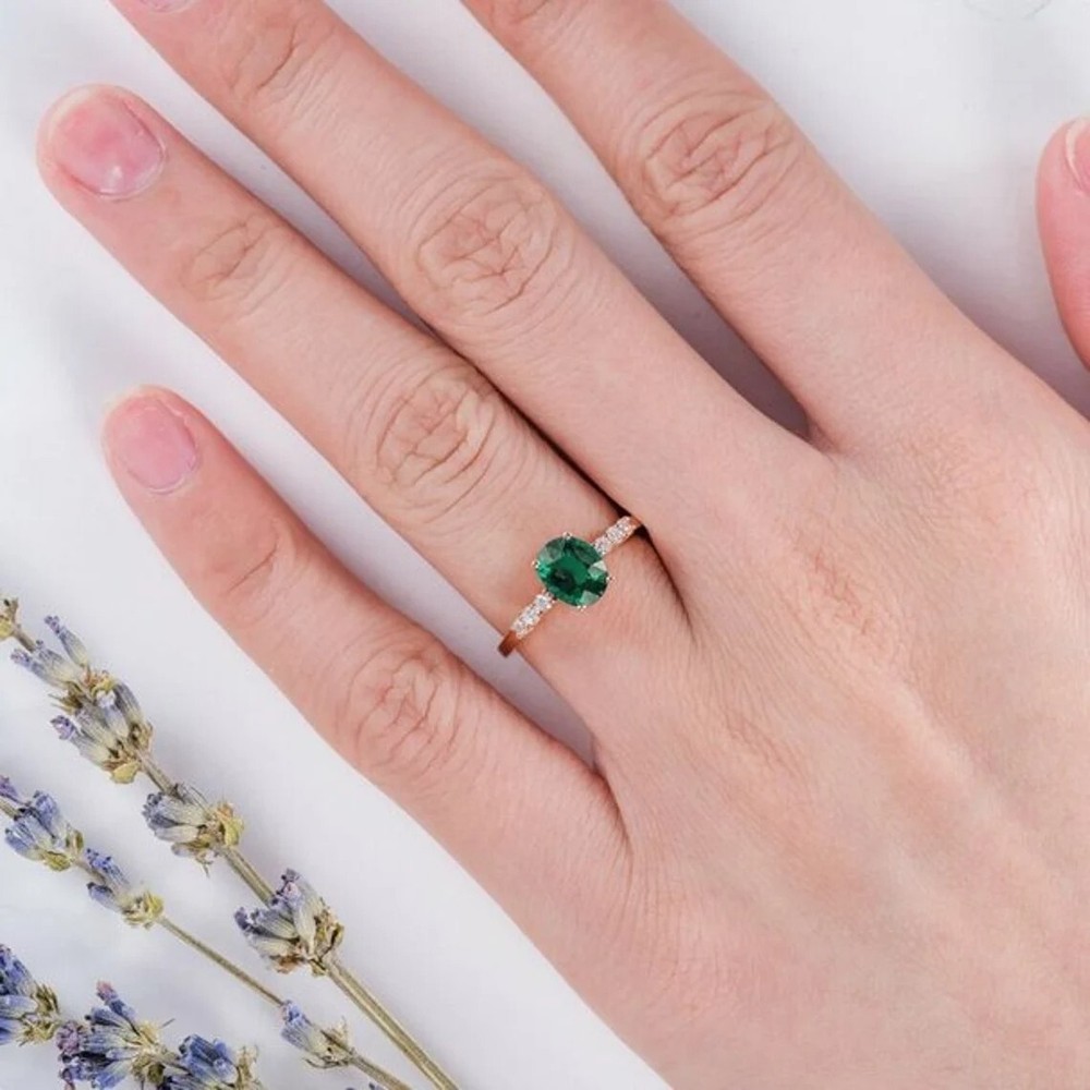 Emerald Lab Created 925 Sterling Silver Ring, Solitaire Engagement & Bridal Ring