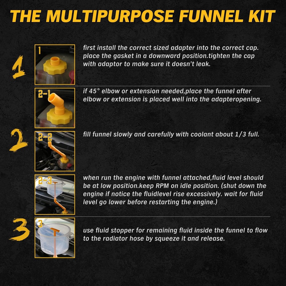 ELEAD No-Spill Coolant Funnel Kit - 19-Piece Multi-use Version Yellow
