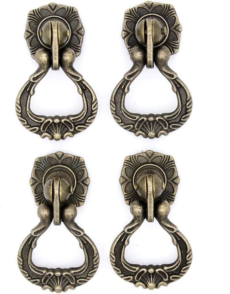 4 PCs Vintage Antique Brass Pendant Ring Pulls Drop Handles Knobs with Single