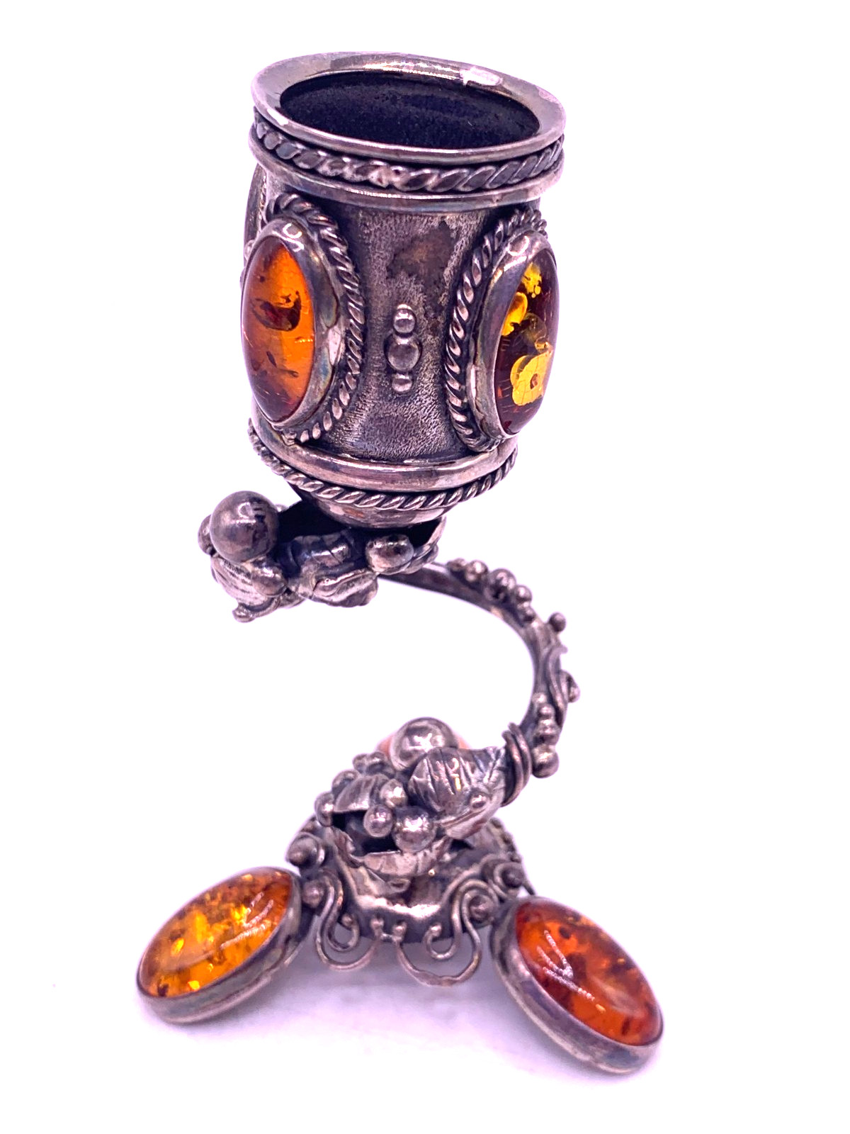 Rare Sterling Silver Candle stick Holder with Baltic Amber Cabochons 88g Poland