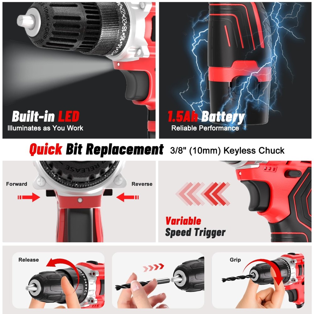 12V Cordless Drill Set 34PCS Electric Drill Driver Kit