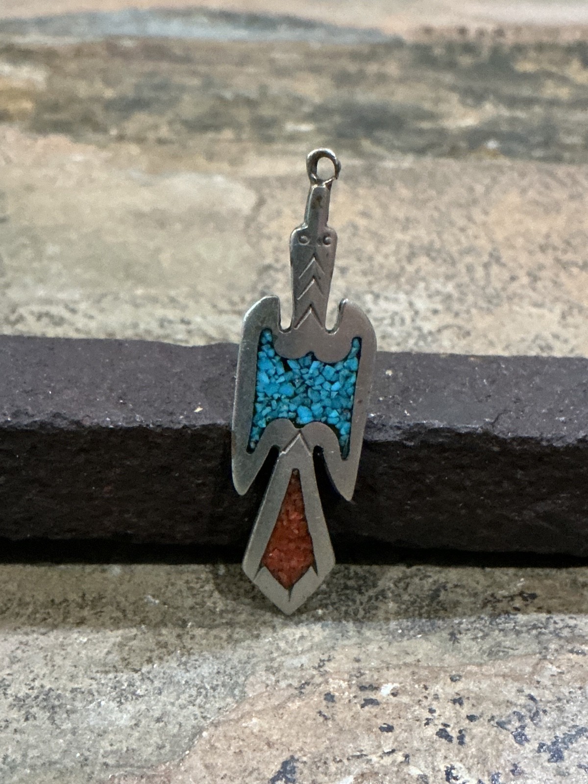 OLD TOMMY SINGER Navajo Sterling Turquoise&Coral Chip Peyote Bird Pendant T ☾