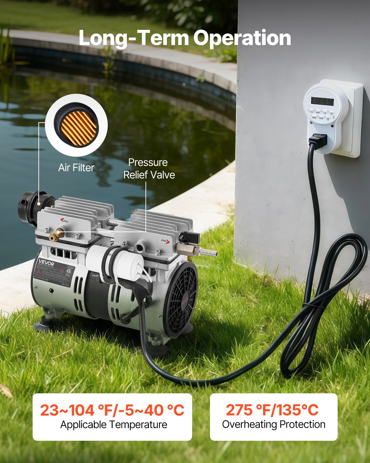 VEVOR Pond Aerator for Lake up to 3 Arces 5.2CFM 3/4HP Air Compressor 550W Motor