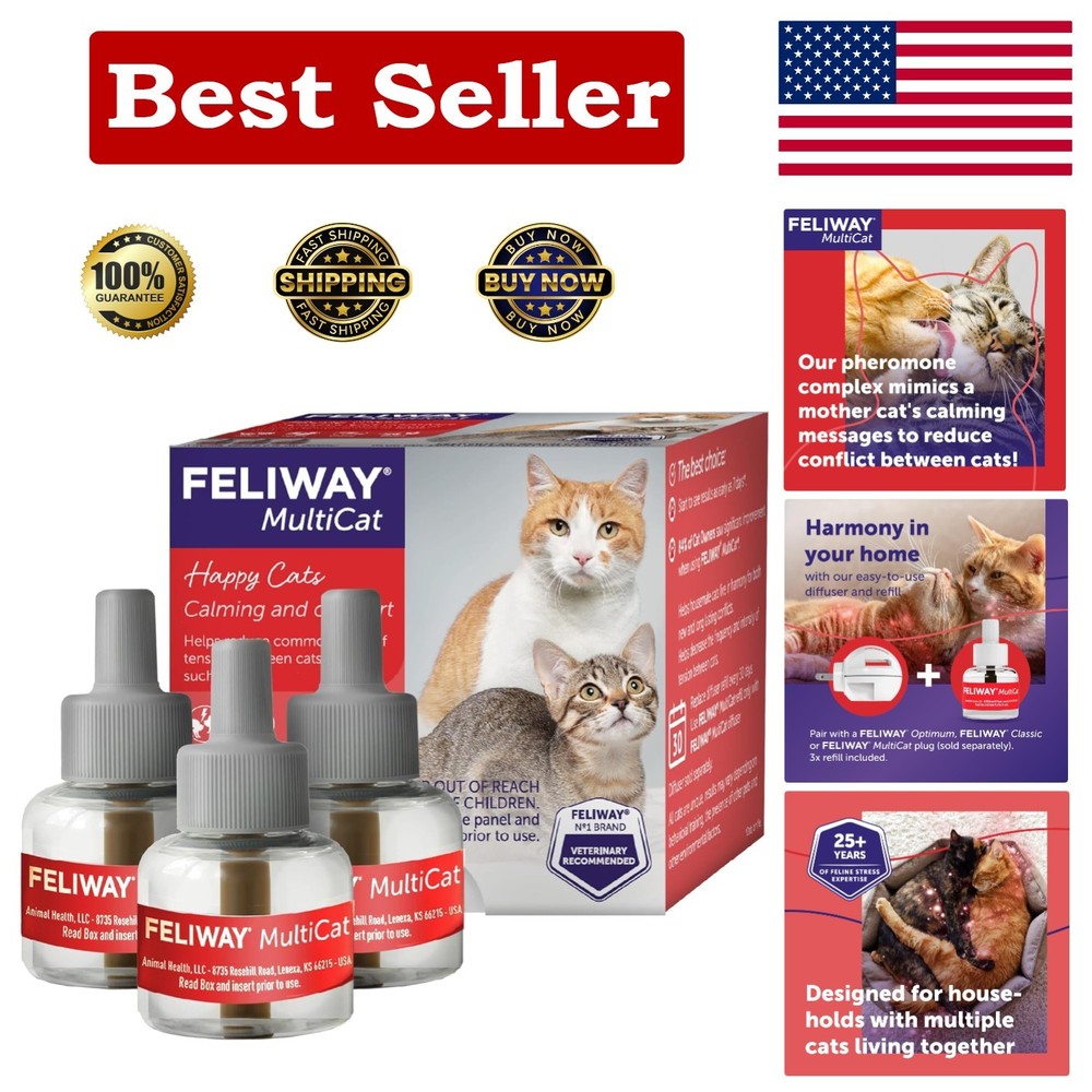Pheromone Diffuser Refills - 3 x 48ml MultiCat Calming Solution for Tensions