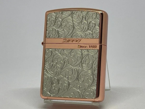 Zippo Logo Armor Arabesque Stripe Etching Pink Gold Matte Silver Lighter