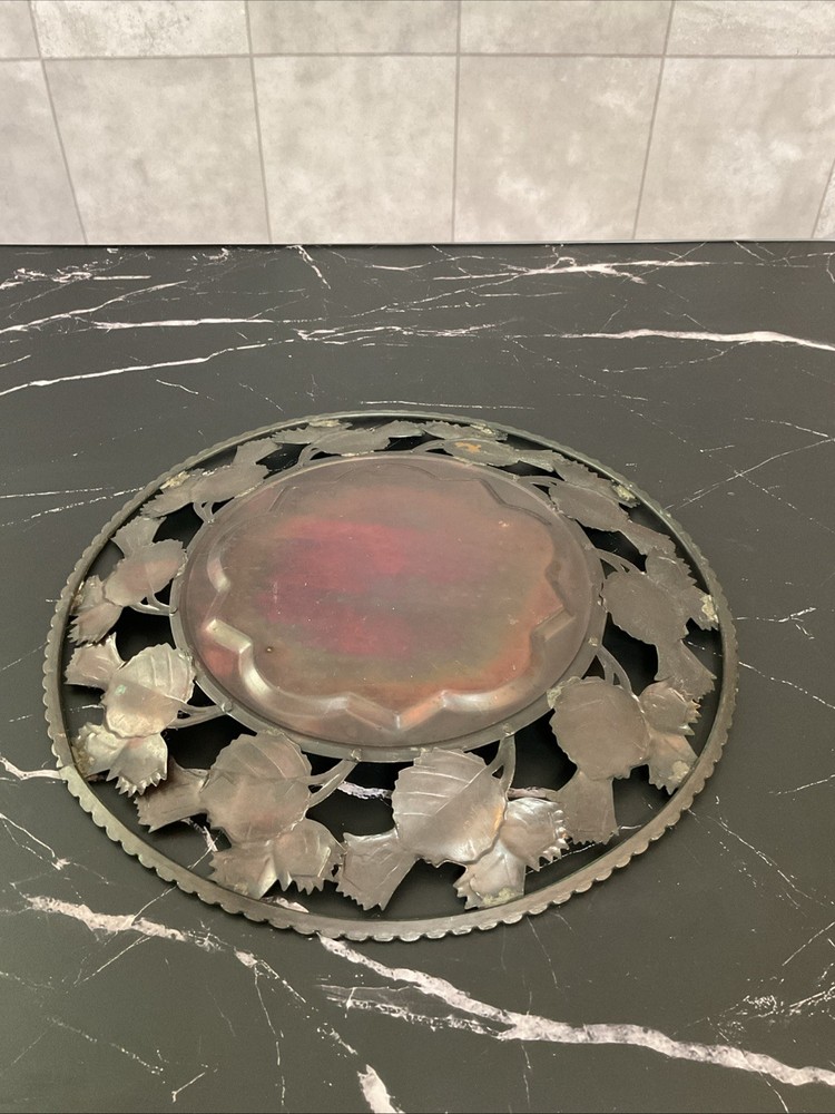 Vintage Copper Platter Bowl With Leaf Design,EUC