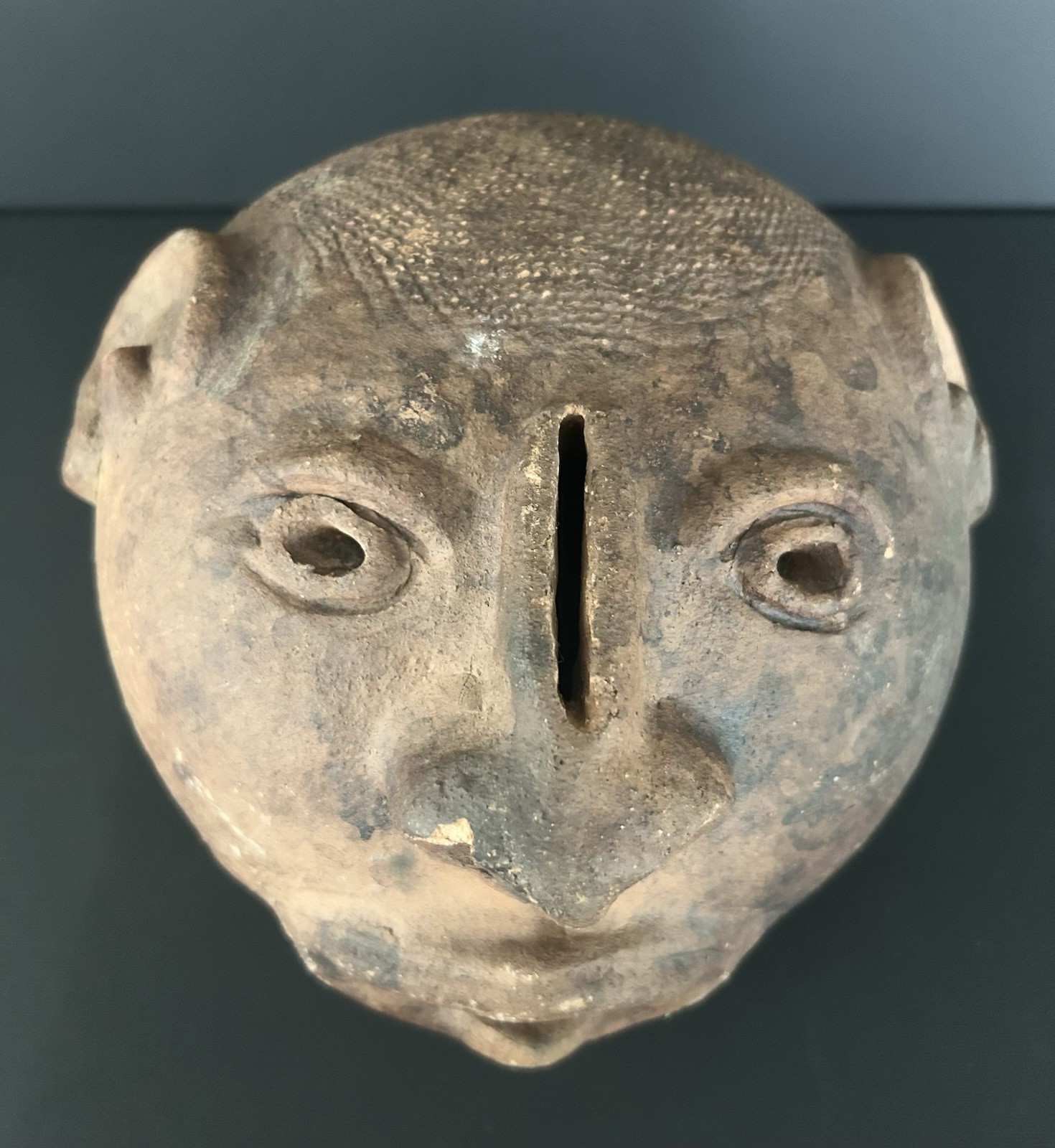 Antique Pre Columbian Clay Pottery Head Coinbank From Veracruz, Mexico 7.5”