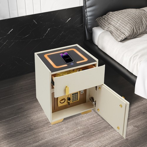 White Wireless Charging Bedside Cabinet w/Lock Bluetooth Speaker Bedside Table