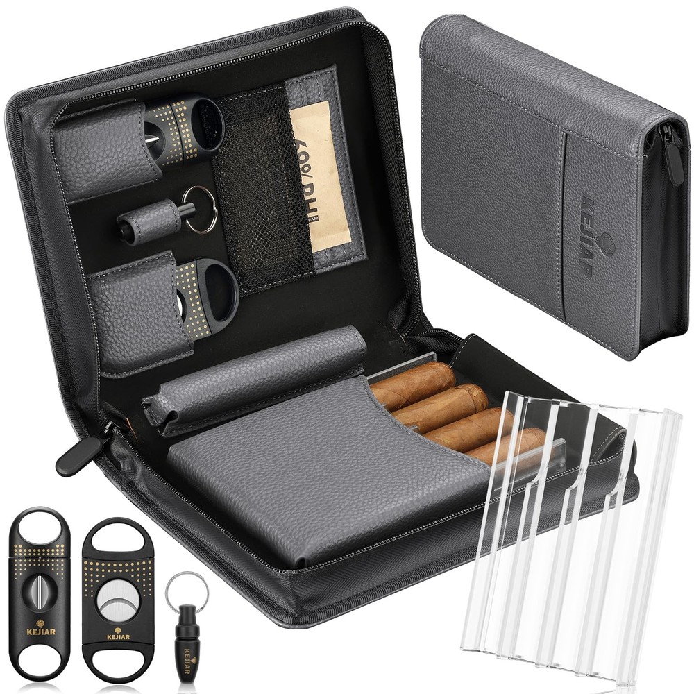 KEJIAR Leather Travel Cigar Humidor Case Set w/ 2 Cutters & Punch
