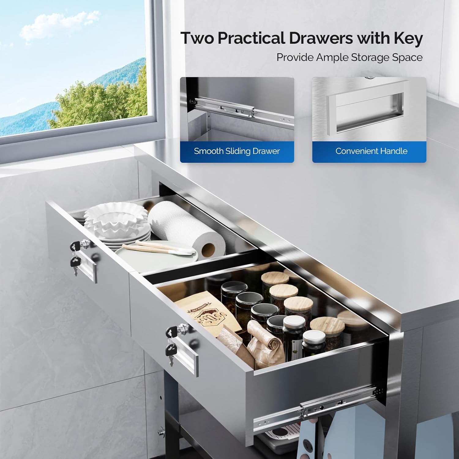 36 x 24" Stainless Steel Table with 2 Drawers Heavy Duty Metal Prep & Work Table