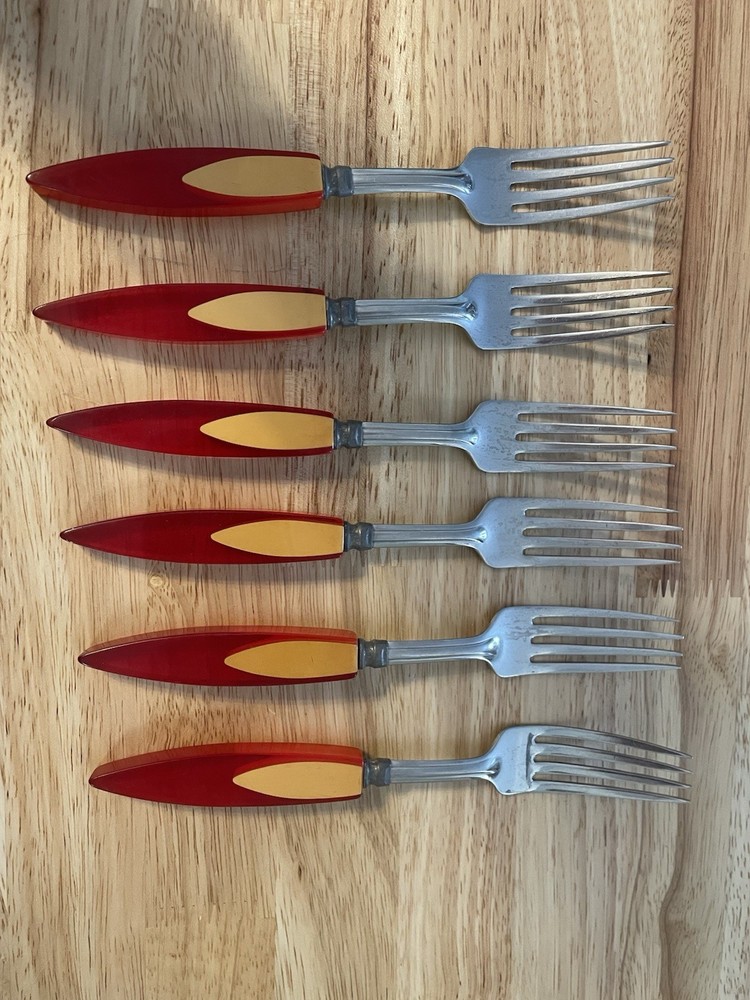 Bakelite Catalin Inlaid Teardrop Cherry Red Butterscotch Flatware 24 pc