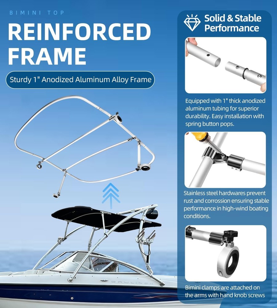 Universal Wakeboard Tower Mounted Flat Cargo Bimini Top Cover 600D Canvas Frame