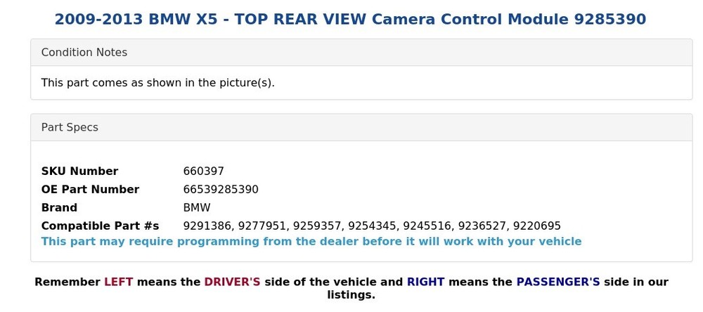 2009-2013 BMW X5 - TOP REAR VIEW Camera Control Module 9285390