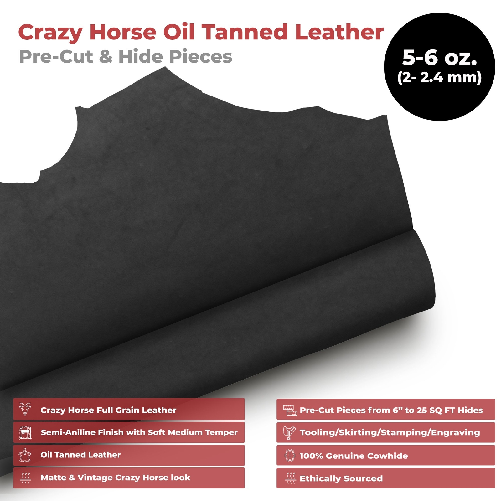 ELW Crazy Horse Leather 5-6 OZ (2-2.4mm) Full Grain Cowhide Handmade Leather