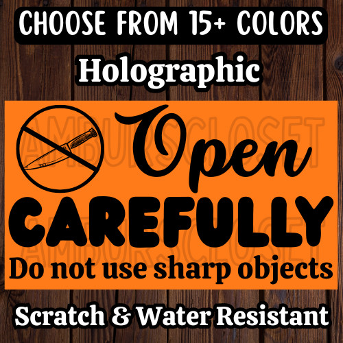 50 NO SHARP OBJECTS STICKERS 2.25" LABELS SEALS SHIPPING CAUTION OPEN CAREFULLY