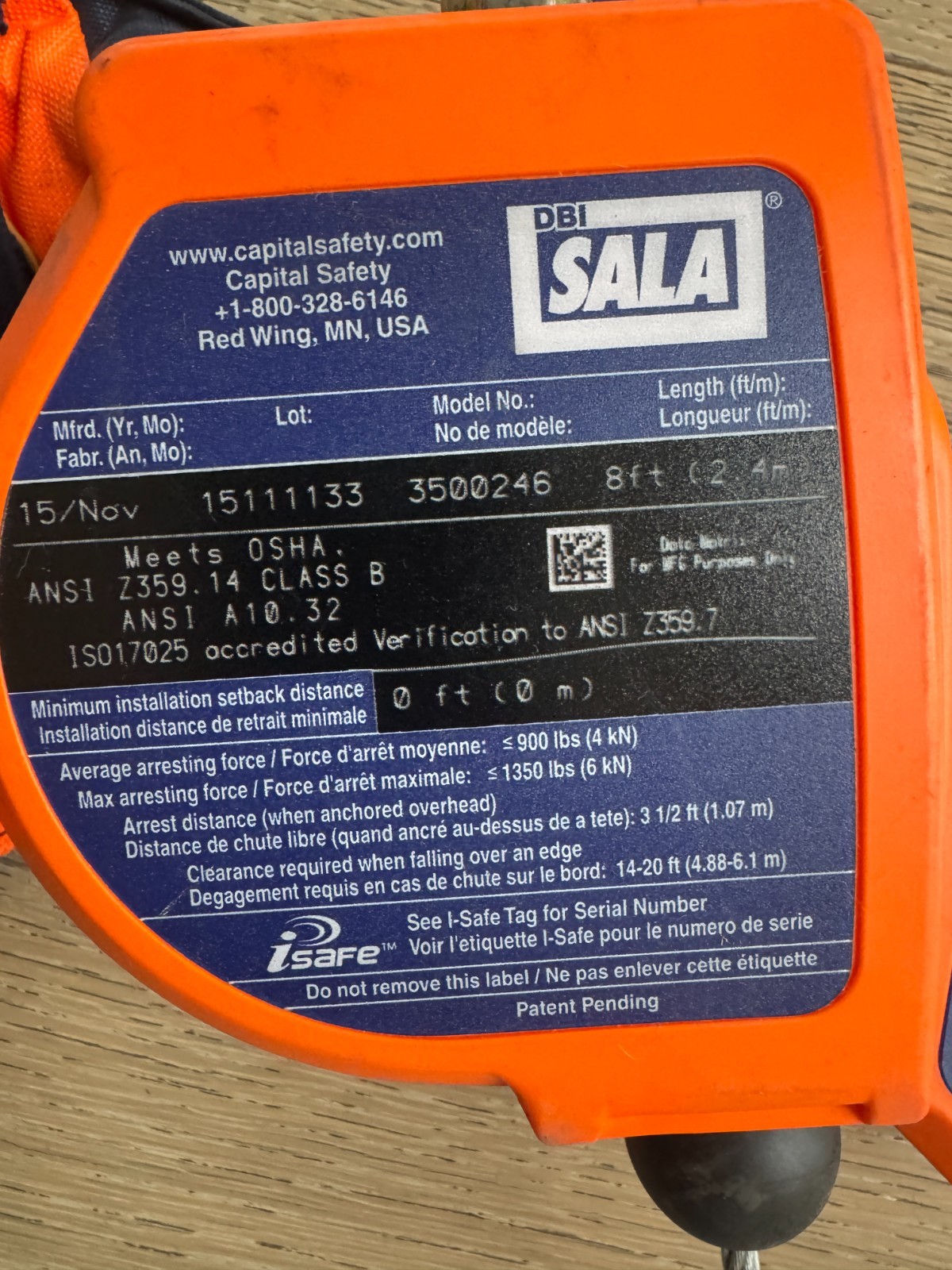 DBI-SALA Nano-Lok Edge 3500246 Twin Leg 8ft Retracting Lifeline SRL Rebar Hooks