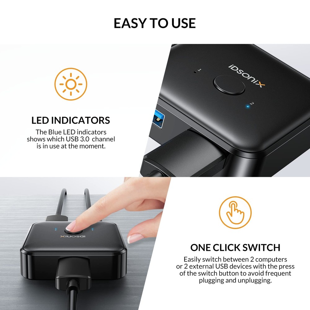USB 3.0 Switch: 2 PCs Share 1 Device, Printer/Scanner/Keyboard, 2 A to A Cables