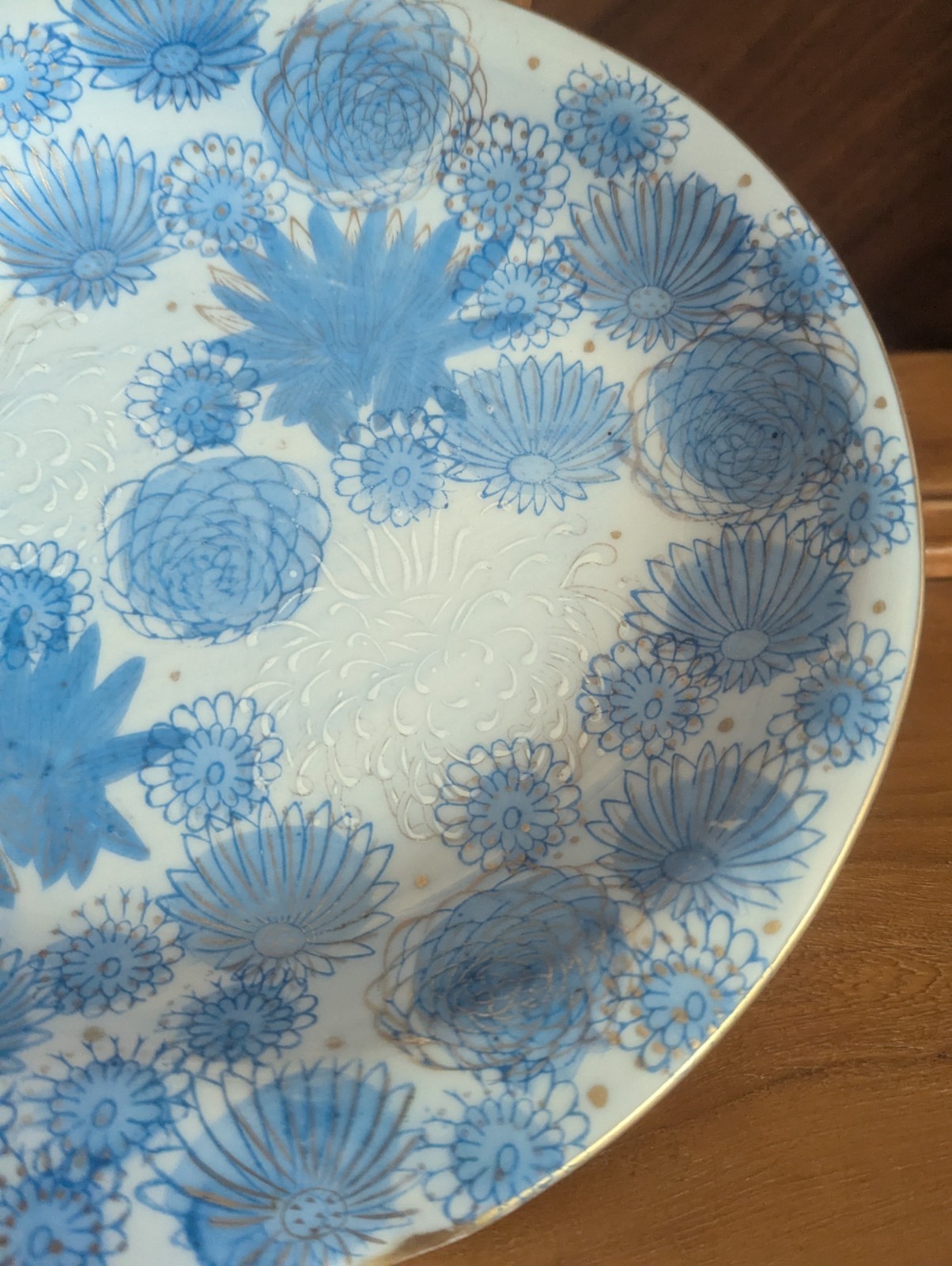 Vtg Kutani Gold Chrysanthemum Flower Japan Blue Trinket Dish Ashtray MCM Art