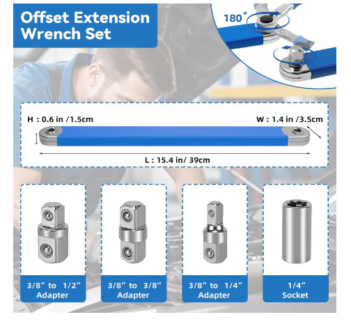 Offset Extension Wrench Set, 15.4" Adjustable with Square Drive Adapters