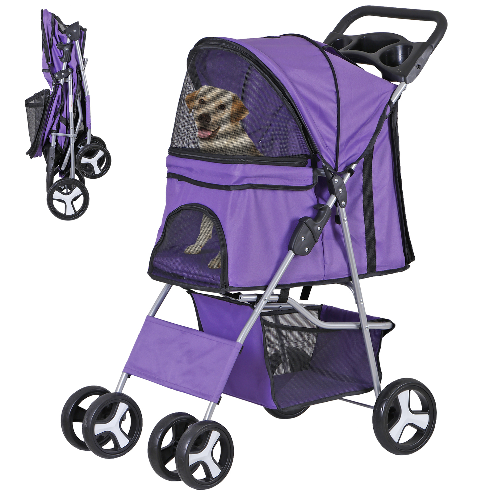 4 Wheel Dog Stroller Pet Stroller Travel Carriage w/Foldable Carrier Cart Purple
