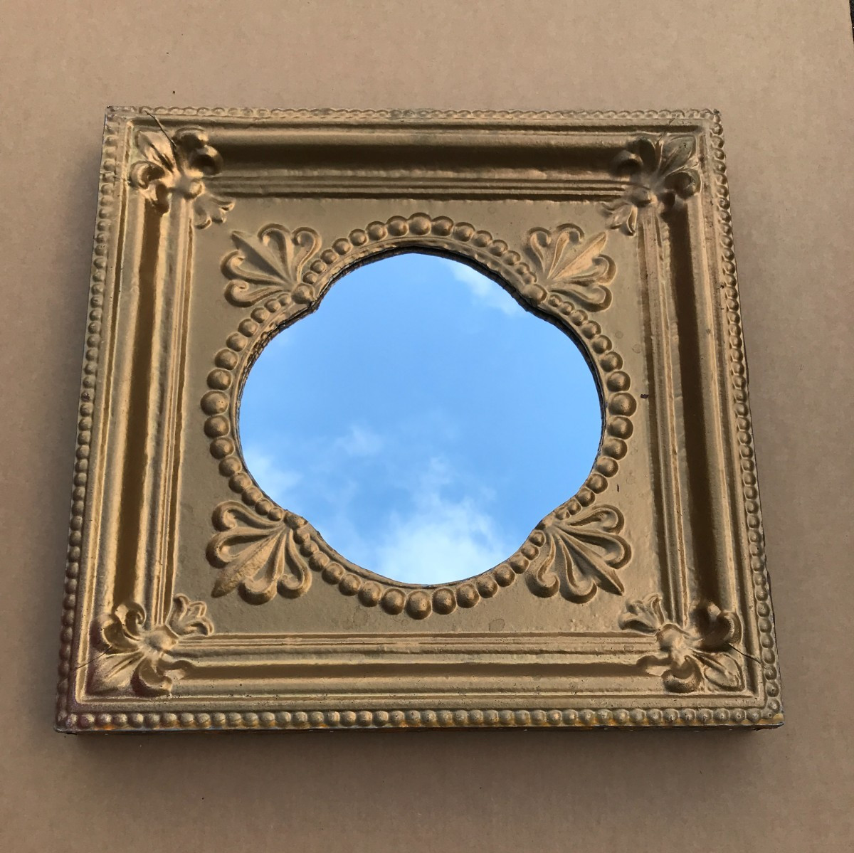 VTG Decorative Salvaged Tin Ceiling Gold 23" SQ. Thick Metal Mirror Old 1614-25B