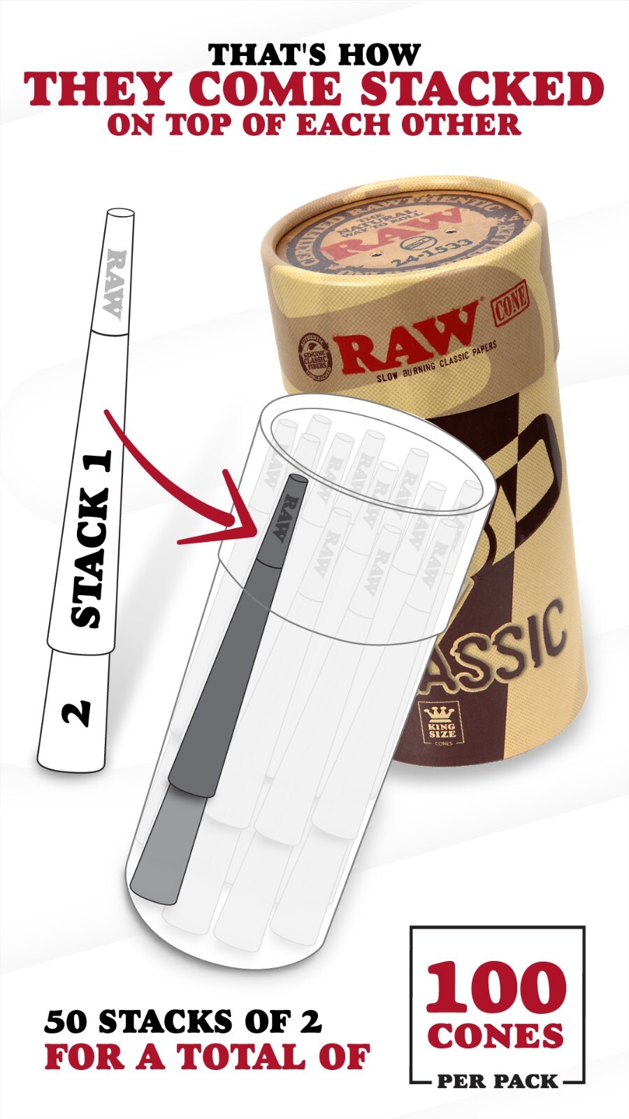 RAW Cones King Size Classic Pre-Rolled | 100 Pack | Slow Burning Rolling Papers