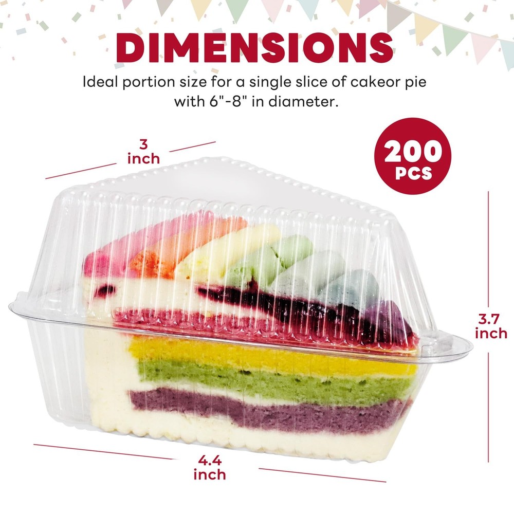 200 Pcs Individual Cake Slice Containers,Clear Pie Slice Containers Plastic D...