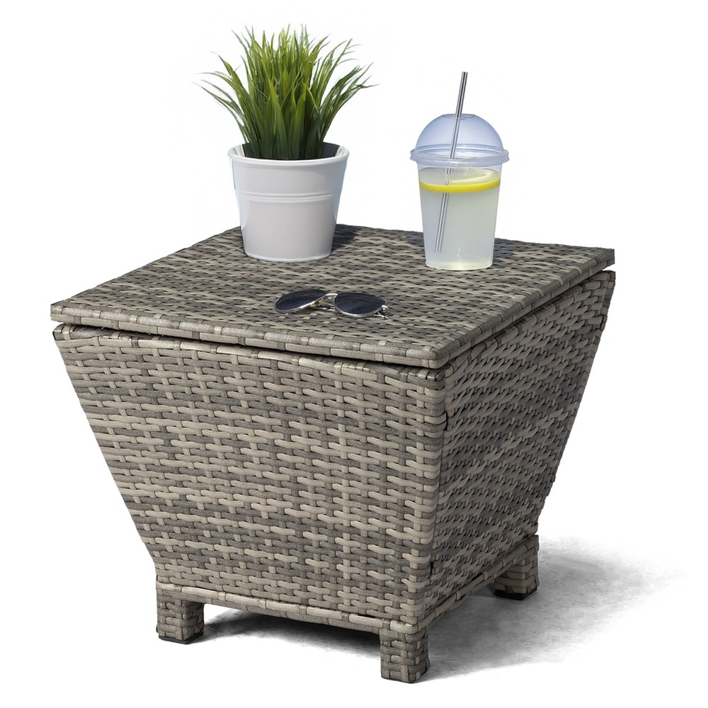 Outdoor PE Wicker Side Table with Storage, Small Patio Storage Bin Container