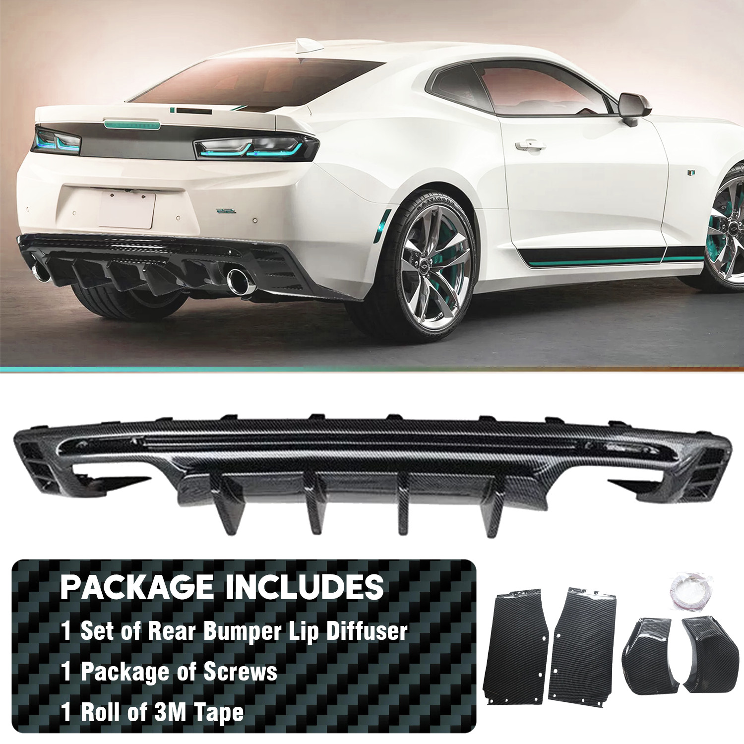 Carbon Fiber Rear Bumper Lip Diffuser Spoiler For Chevy Camaro SS LT LS 2016-24