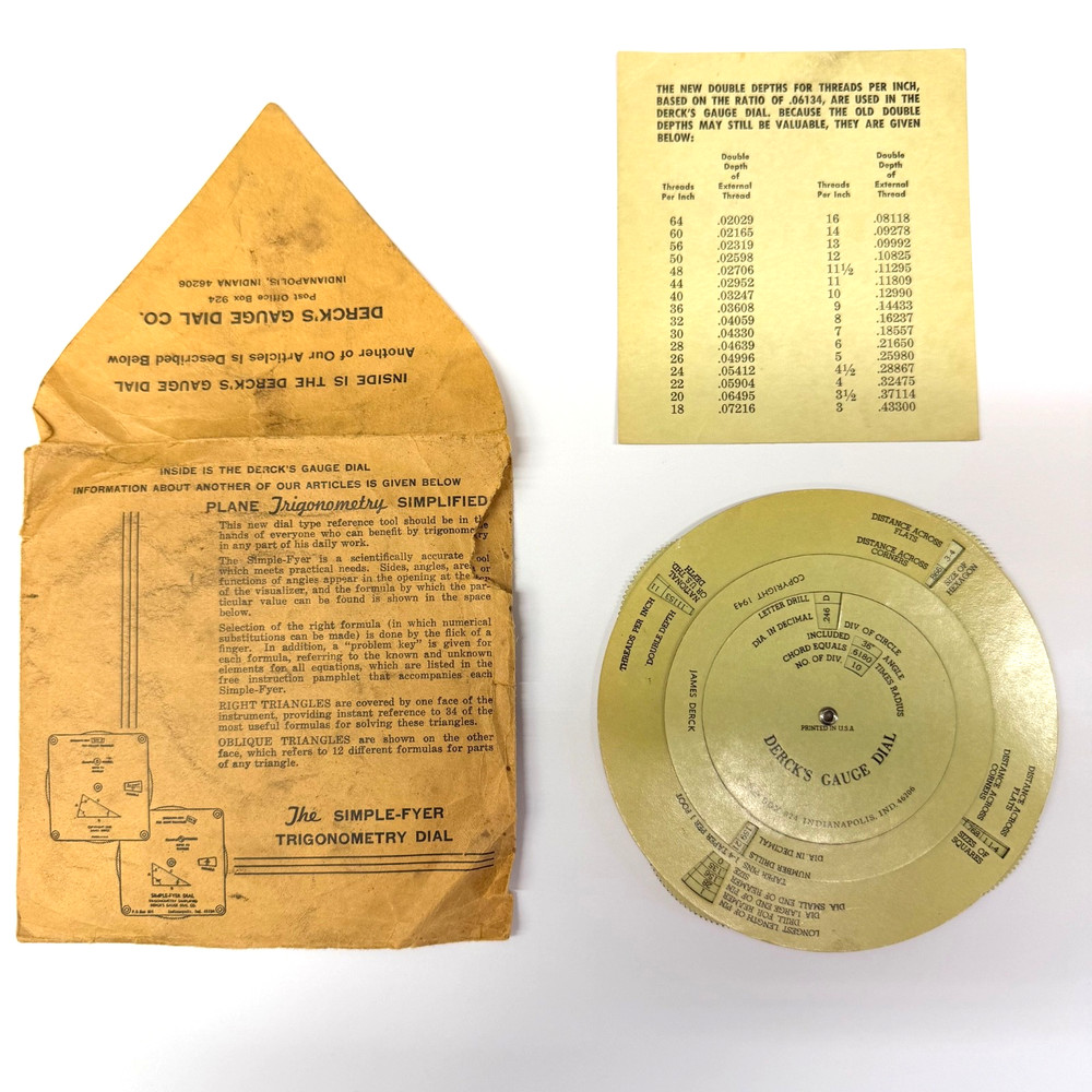 DERCK'S GAUGE DIAL ONLY w Envelope VTG 1943 EUC Decimal Threads Tapers Angles