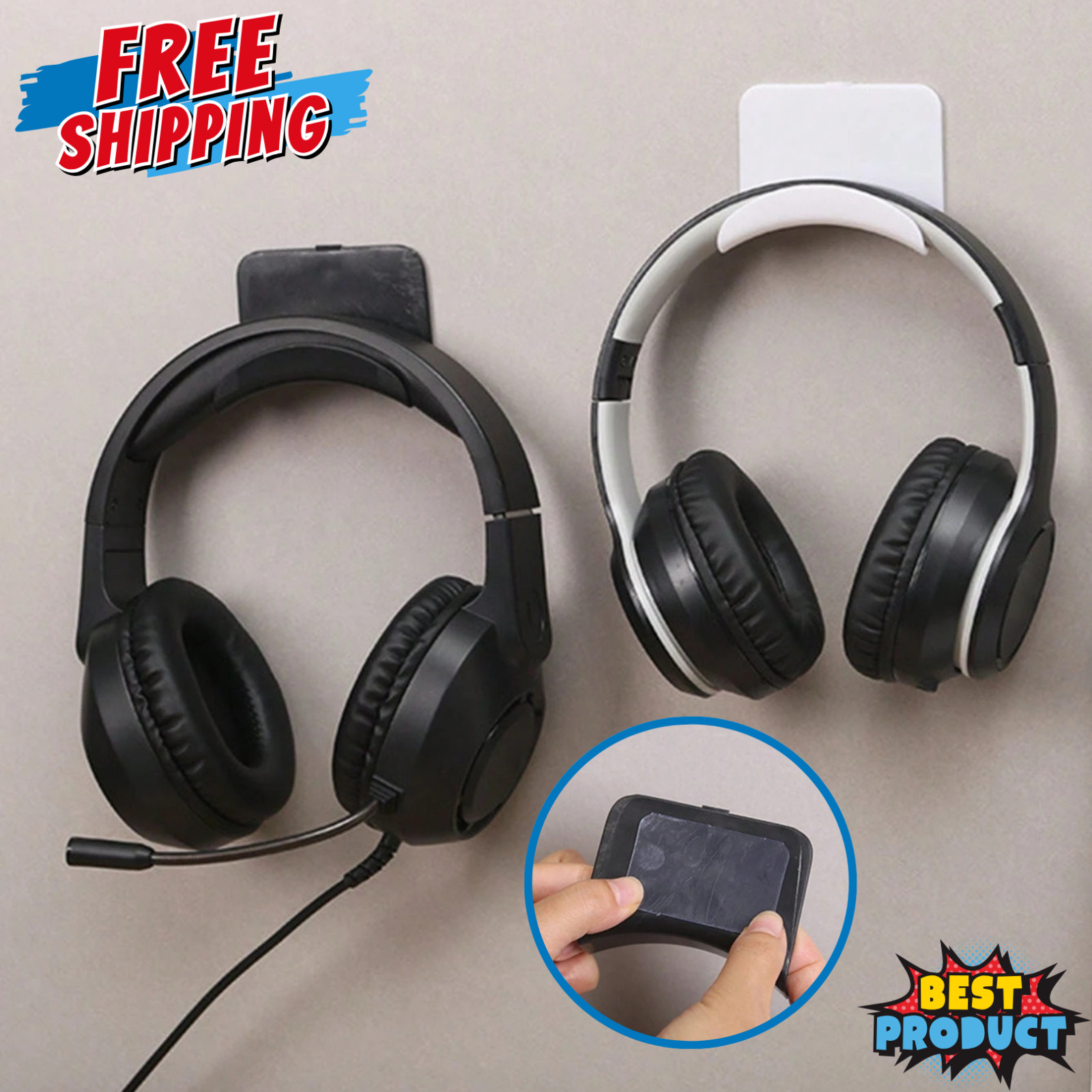 Wall-Mount Headphone Hanger Hook Adhesive No-Drill Gaming Headset Stand Hat Rack