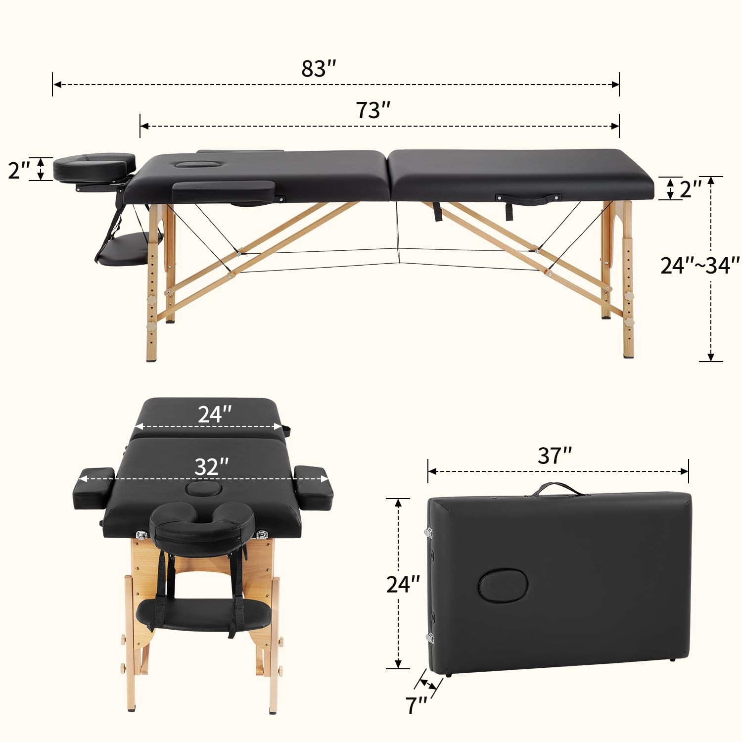 Massage Bed Portable Massage Table 24 inch Wide Lash Bed Height Adjustable 2 ...