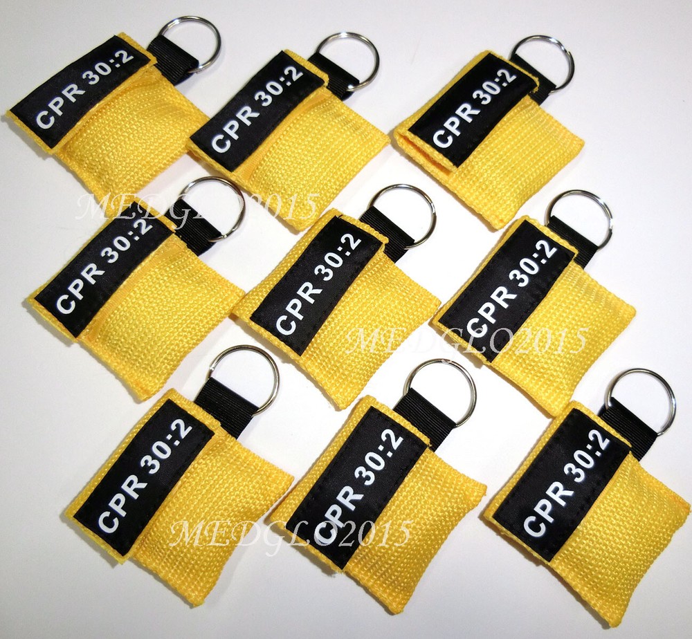 100pcs CPR Face Shield One Way Valve Keychain CPR Training tools 30:2 yellow