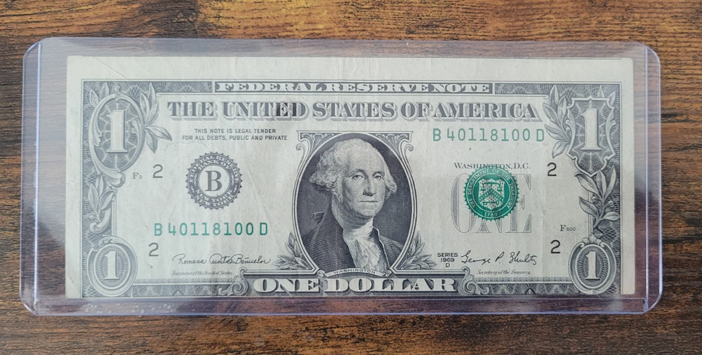 Miscut error one dollar bill $1 shifted print 1969D