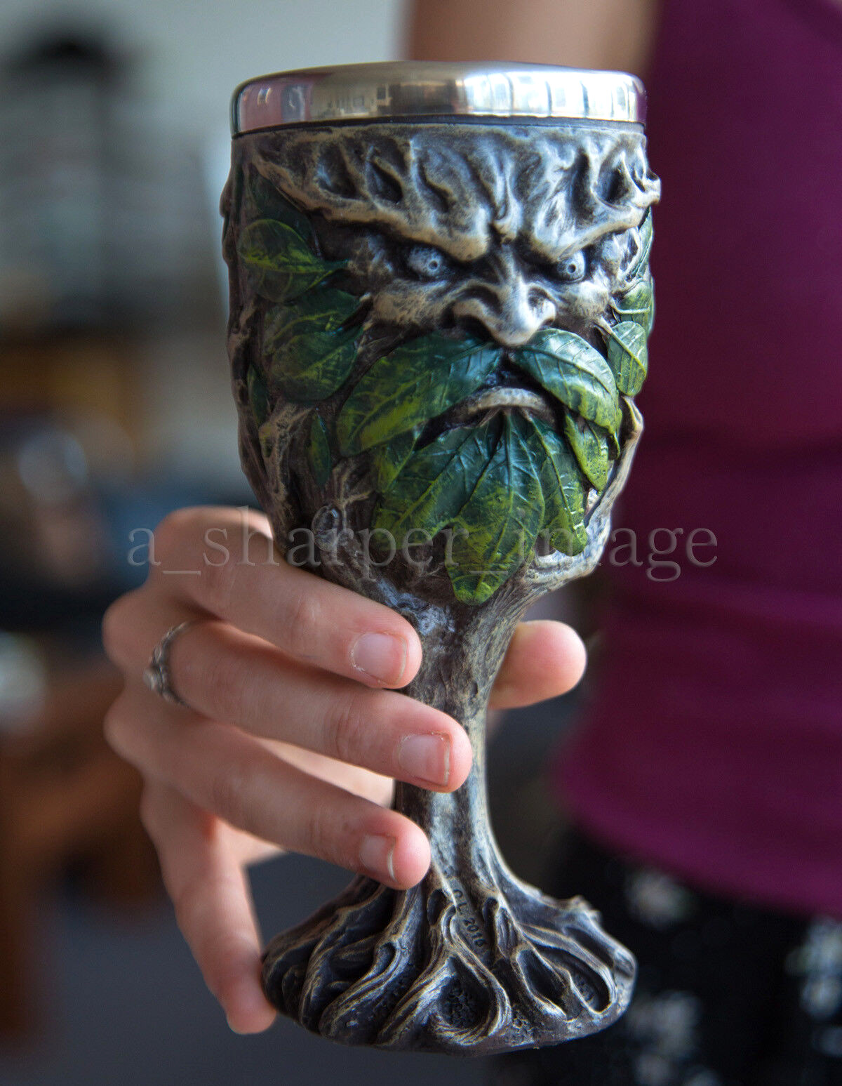 Greenman Wood Spirit 7" Goblet Chalice Hand Painted Fantasy Nature...Beautiful!