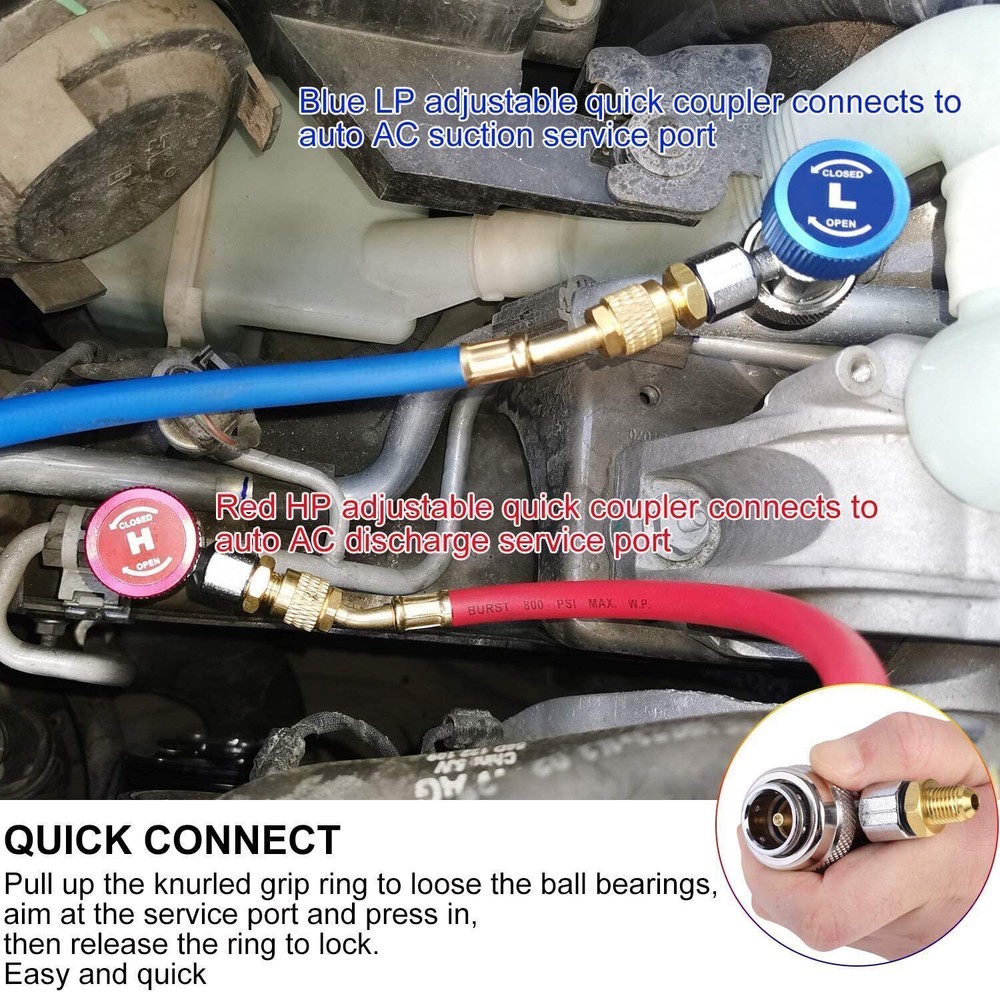 2X Adjustable A/C HVAC Adapter High Low Quick Coupler Hose Connector Fitting Kit