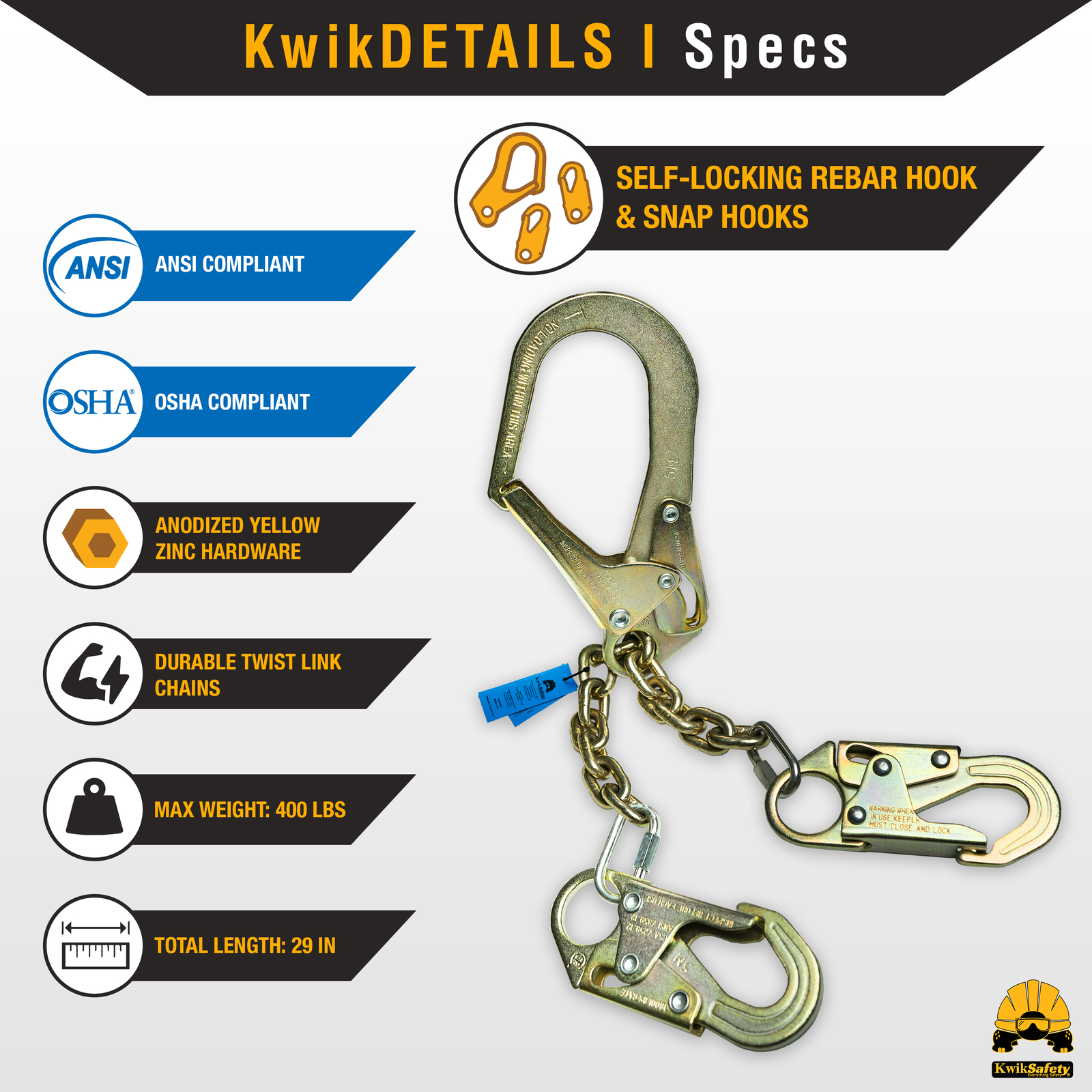 KwikSafety REBAR ROMEO 29" Rebar Chain Steel Positioning Lanyard