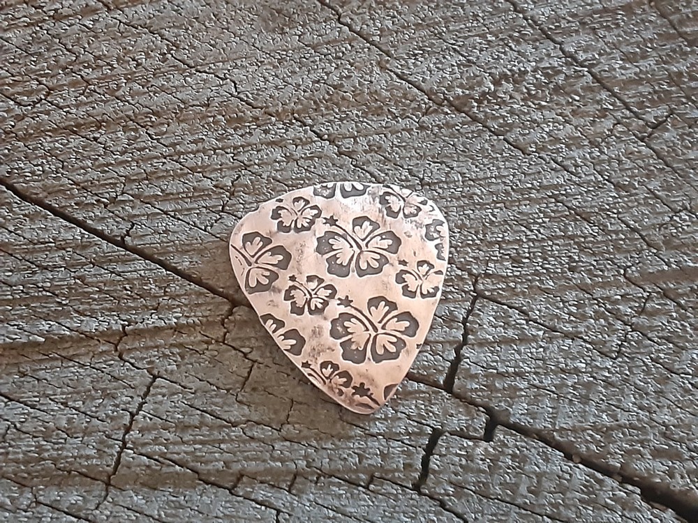 rustic copper guitar pick - playable and handmade - hibiscus