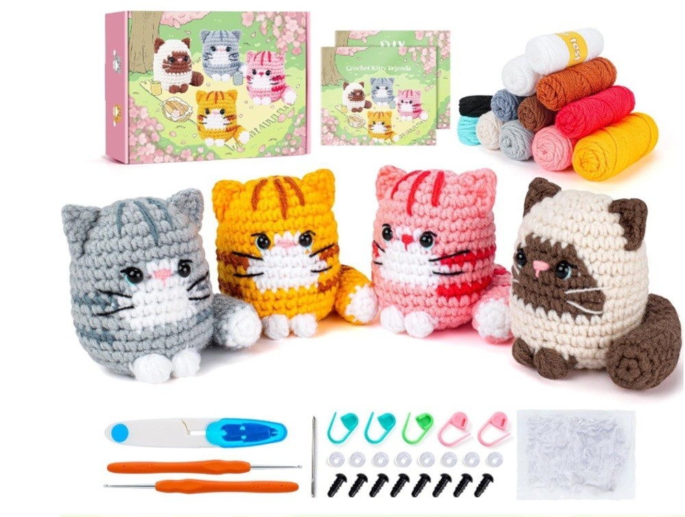 Cat Crochet Kit 4 Pack for Beginners Amigurumi DIY Set with Video Tutorial
